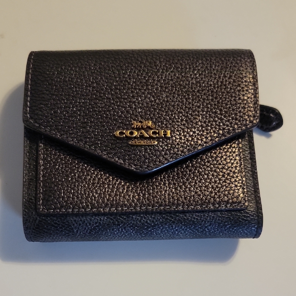 Coach Black Pebbled Leather Small Envelope Wallet with Gold Logo